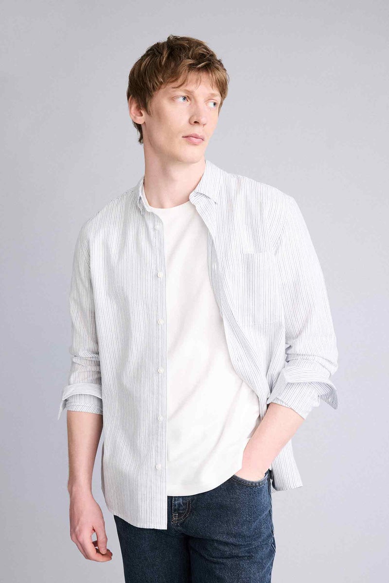 DeFacto Blue Man Mixed Linen Shirt Casual - Image 3