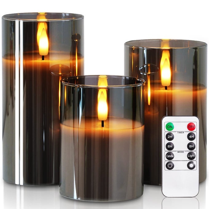 GREY GLASS FLAMELESS CANDLES BATTERY OPERATED LED PILLAR CANDLES WITH REMOTE CONTROL AND TIMER RADIANCE CANDLES REAL WAX SET OF 3D3 XH4 5 6