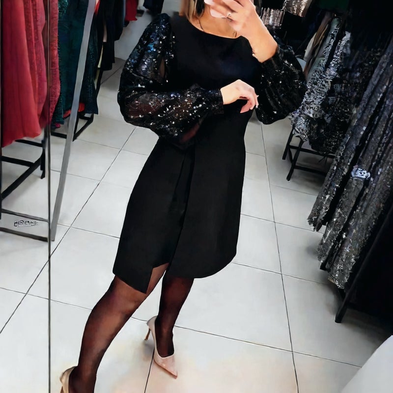 Elegant Patchwork Sequined Puff Sleeve Short Dress - Image 3