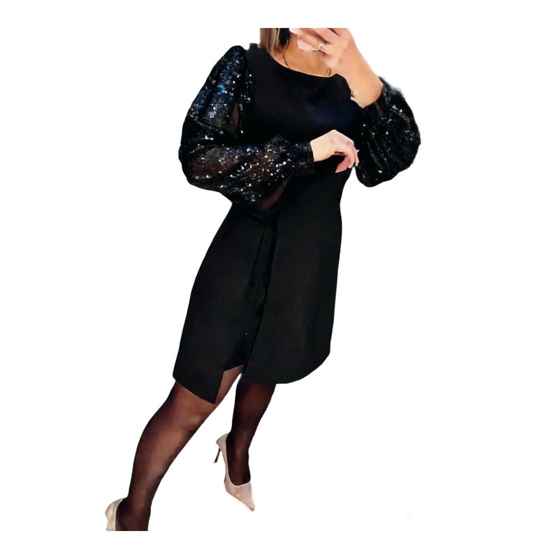 Elegant Patchwork Sequined Puff Sleeve Short Dress - Image 1
