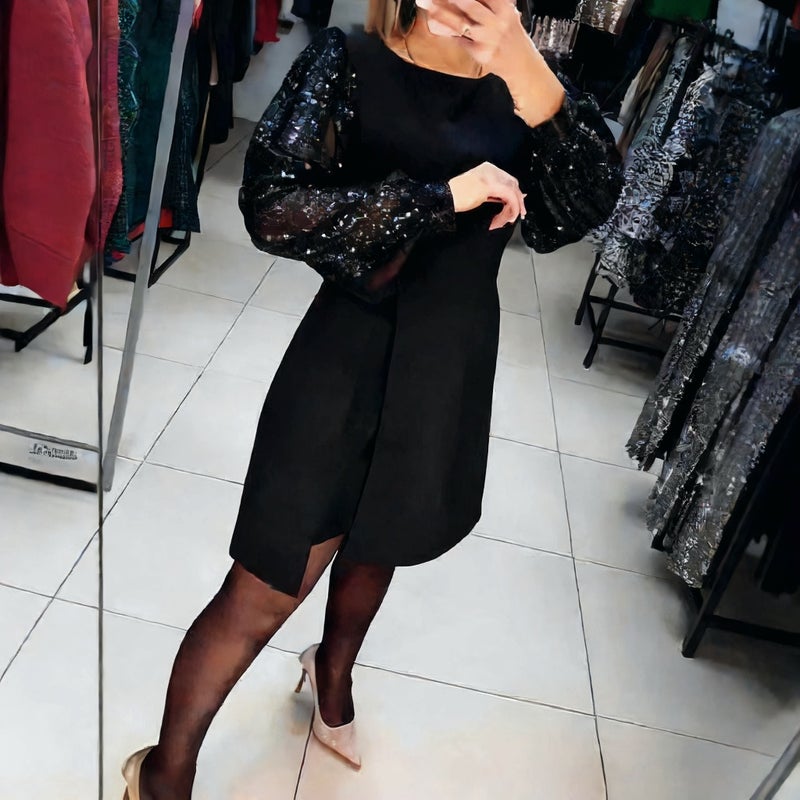 Elegant Patchwork Sequined Puff Sleeve Short Dress - Image 2