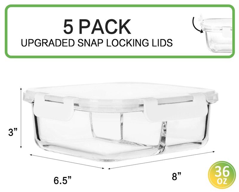 M MCIRCO [5-Pack,36 oz] Glass Meal Prep Containers 3 Compartment with Lids, Glass Lunch Containers,Food Prep Lunch Box,Bento Box, Microwave, Oven, Freezer, Dishwasher (4.5 Cups, White) - Image 2