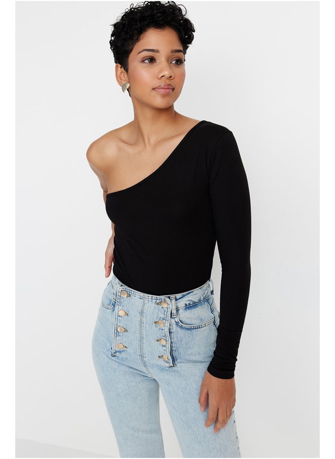 trendyol - Black Single Sleeve Cotton Elastic Knitted Body With Snap Button TWOSS23BD00013 - Image 1