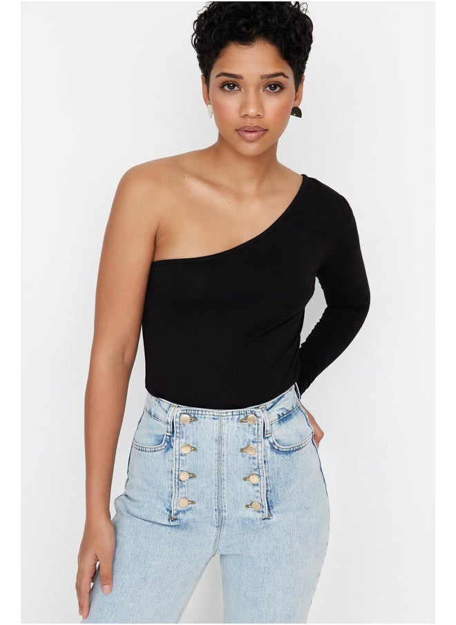 trendyol - Black Single Sleeve Cotton Elastic Knitted Body With Snap Button TWOSS23BD00013 - Image 1