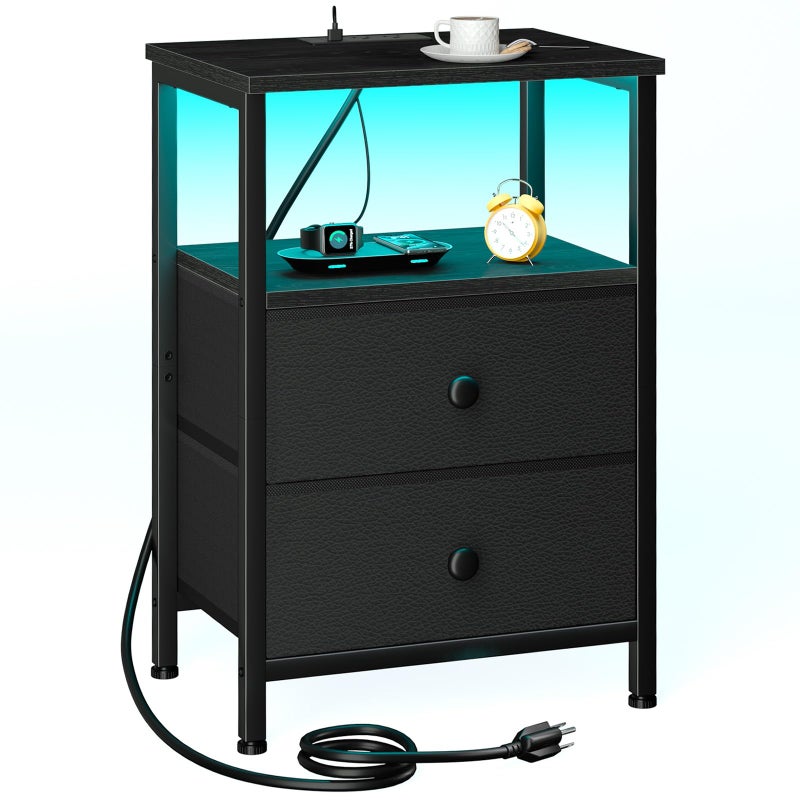LOAKEKEL LED Night Stand with Charging Station, Small Bedside Table with USB Ports & Outlets, 2 Fabric Storage Drawers with PU Finish for Bedroom, Black, HETS02BK-1 - Image 1