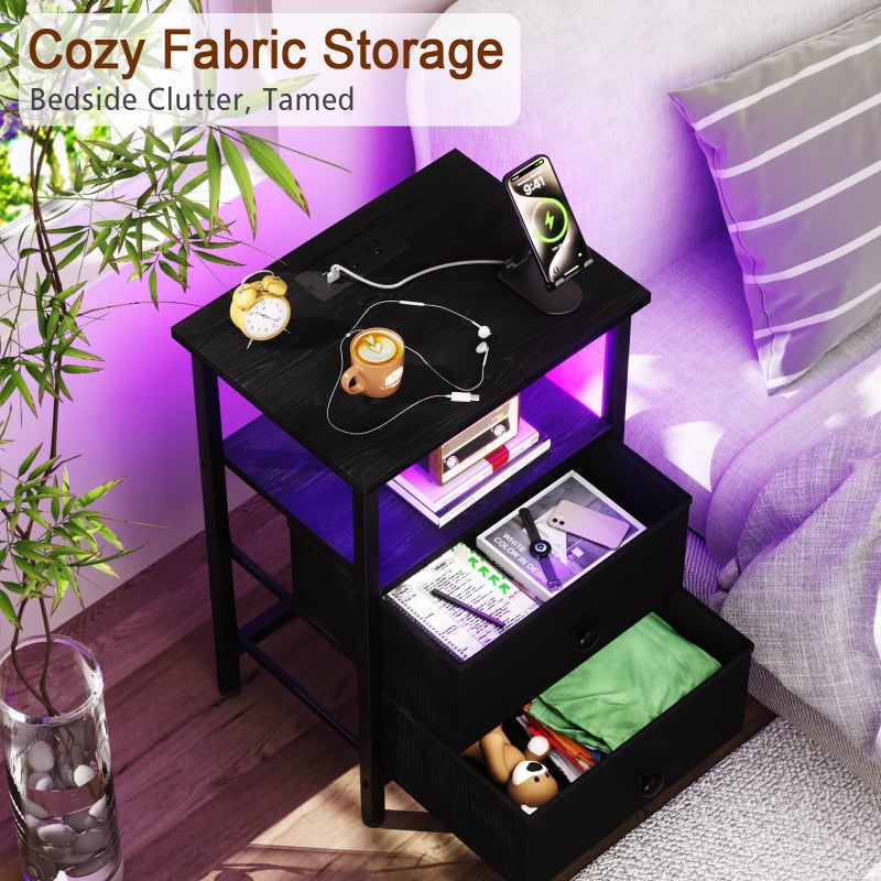 LOAKEKEL LED Night Stand with Charging Station, Small Bedside Table with USB Ports & Outlets, 2 Fabric Storage Drawers with PU Finish for Bedroom, Black, HETS02BK-1 - Image 5