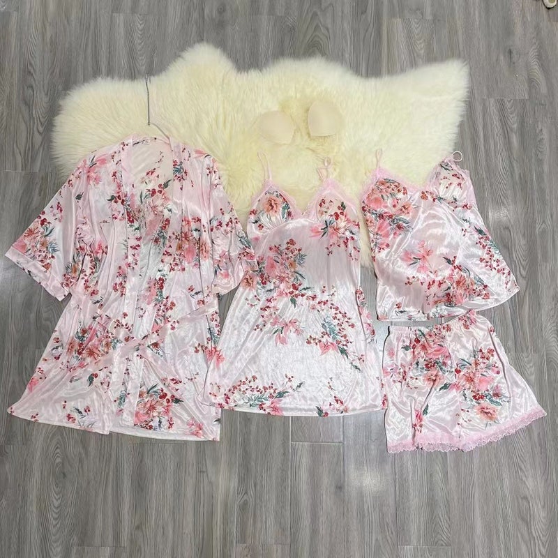 Sensual Womens Summer 2023 Ice Silk Sleepwear Set 023 light powder four-piece set 