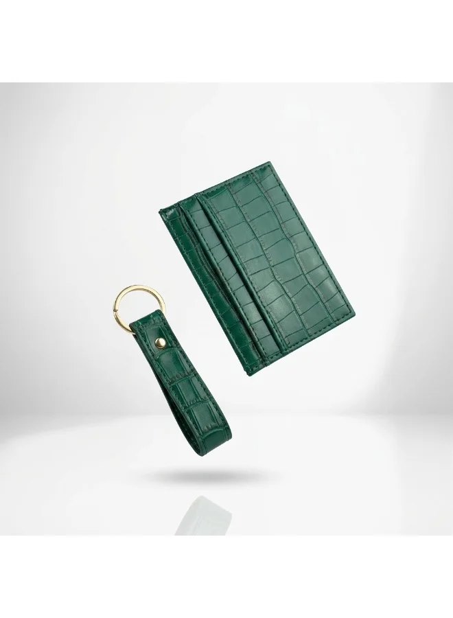 Mobcos Crocodile Green Premium Leather Card Holder & Keychain Gift Set for Men, Slim RFID Wallet, Crocodile Pattern PU Leather Card Case with Matching Key Ring, Luxury Gift Box Green  | Best Price UAE