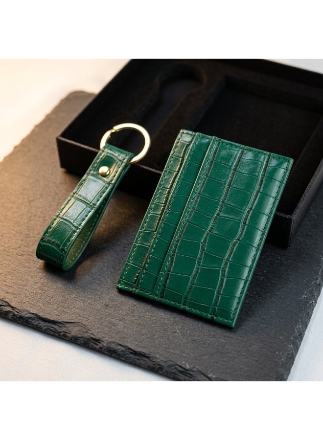 Mobcos Premium Leather Card Holder & Keychain Gift Set for Men, Slim RFID Wallet, Crocodile Pattern PU Leather Card Case with Matching Key Ring, Luxury Gift Box Green - Image 3