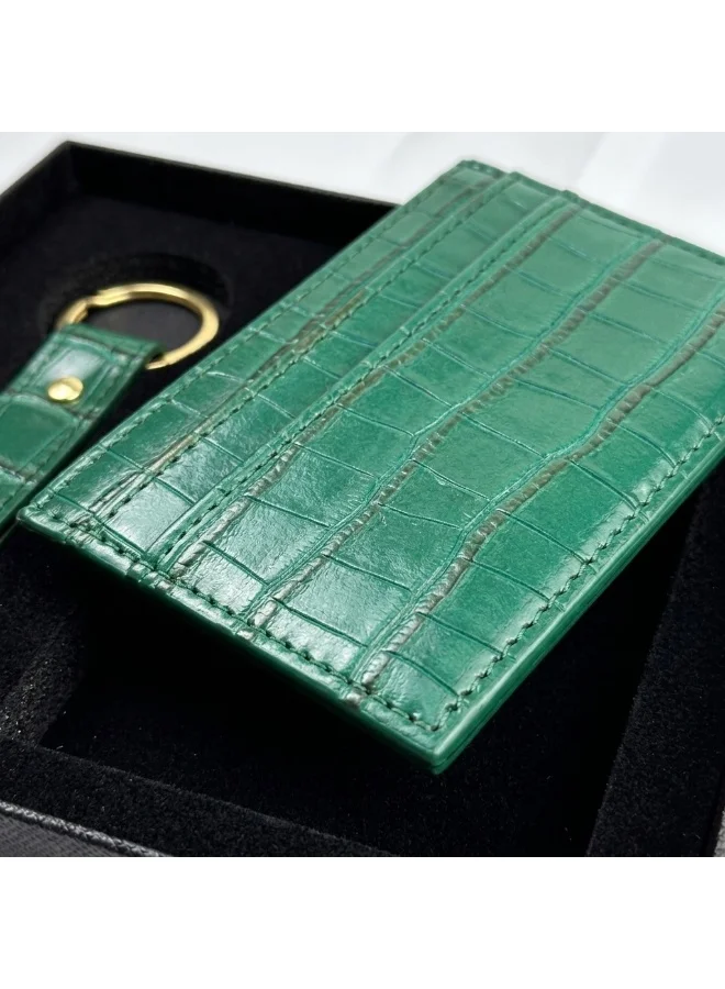 Mobcos Crocodile Green Premium Leather Card Holder & Keychain Gift Set for Men, Slim RFID Wallet, Crocodile Pattern PU Leather Card Case with Matching Key Ring, Luxury Gift Box Green  | Best Price UAE