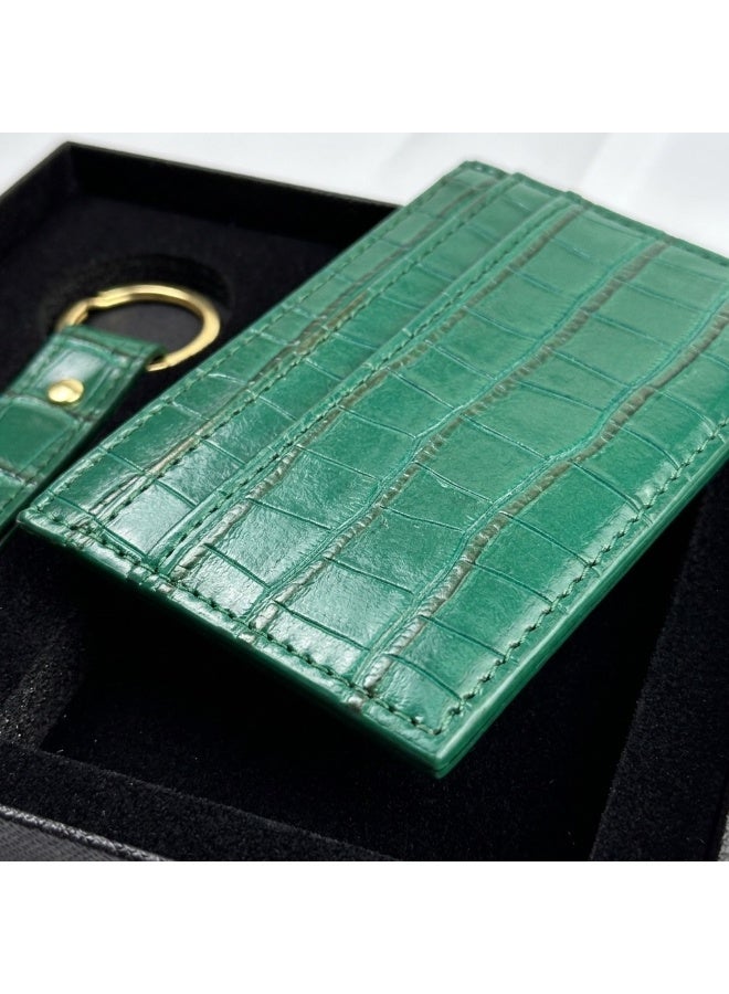 Mobcos Premium Leather Card Holder & Keychain Gift Set for Men, Slim RFID Wallet, Crocodile Pattern PU Leather Card Case with Matching Key Ring, Luxury Gift Box Green - Image 4