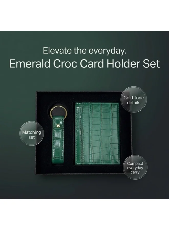 Mobcos Crocodile Green Premium Leather Card Holder & Keychain Gift Set for Men, Slim RFID Wallet, Crocodile Pattern PU Leather Card Case with Matching Key Ring, Luxury Gift Box Green  | Best Price UAE