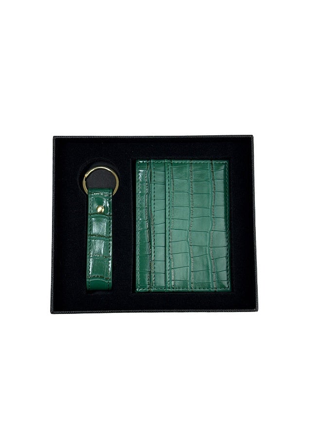 Mobcos Premium Leather Card Holder & Keychain Gift Set for Men, Slim RFID Wallet, Crocodile Pattern PU Leather Card Case with Matching Key Ring, Luxury Gift Box Green - Image 1