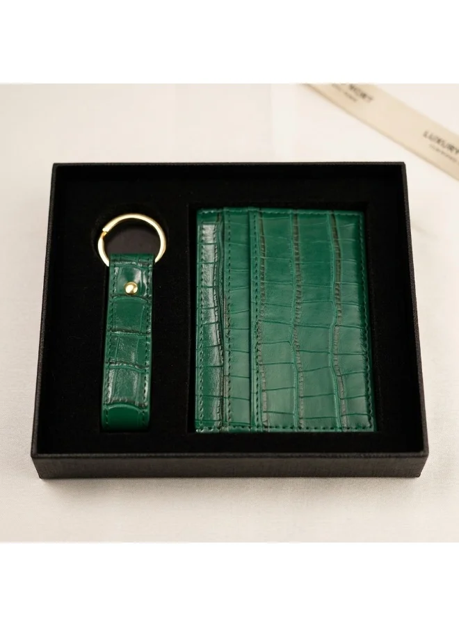 Mobcos Crocodile Green Premium Leather Card Holder & Keychain Gift Set for Men, Slim RFID Wallet, Crocodile Pattern PU Leather Card Case with Matching Key Ring, Luxury Gift Box Green  | Best Price UAE