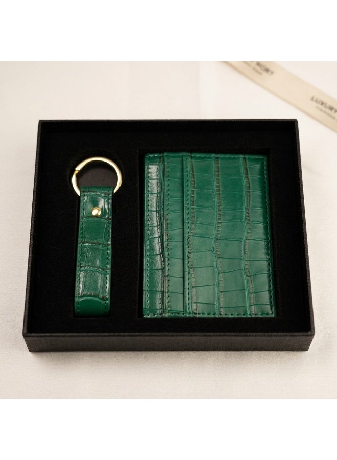 Mobcos Premium Leather Card Holder & Keychain Gift Set for Men, Slim RFID Wallet, Crocodile Pattern PU Leather Card Case with Matching Key Ring, Luxury Gift Box Green - Image 5