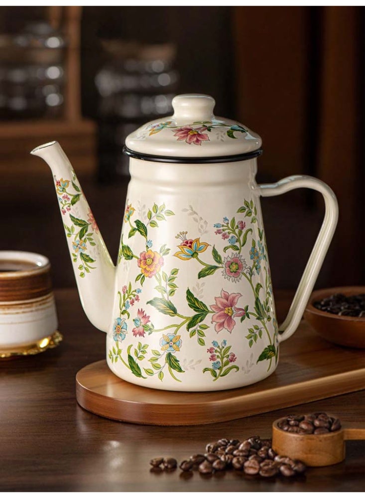 إبريق قهوة مطلي بالمينا بنقشة زهور بسعة 1.1 لتر – غلاية فولاذية سميكة بطبقة مينا مع فوهة طويلة ومقبض مقاوم للحرارة، بتصميم تقليدي بالألوان الأحمر والأزرق، مناسب لتحضير القهوة والشاي والماء، يعمل على مواقد الحث والغاز، أداة مطبخ أنيقة - Image 1