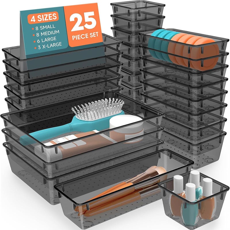 SpaceHacks 25 PCS Plastic Drawer Organizer Set 4Size Versatile Organizer Trays  storage Bins for Makeup Jewelry and Gadgets in Bathroom Bedroom and OfficeClear Black