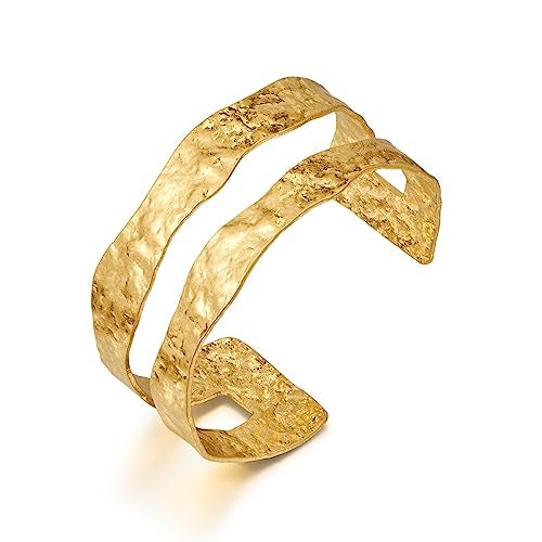WOWORAMA Matte Gold Hammered Cuff Bracelet for Women Double-Layer Wide Chunky Gold Bangle Bracelets Vintage Boho Statement Gold Bracelet Adjustable Chunky Bracelets - Image 1