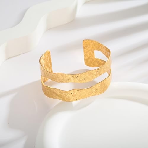 WOWORAMA Matte Gold Hammered Cuff Bracelet for Women Double-Layer Wide Chunky Gold Bangle Bracelets Vintage Boho Statement Gold Bracelet Adjustable Chunky Bracelets - Image 4