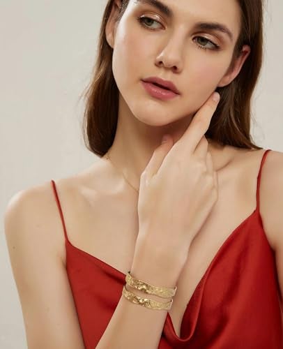 WOWORAMA Matte Gold Hammered Cuff Bracelet for Women Double-Layer Wide Chunky Gold Bangle Bracelets Vintage Boho Statement Gold Bracelet Adjustable Chunky Bracelets - Image 2