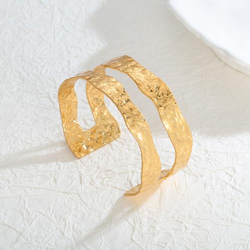WOWORAMA Matte Gold Hammered Cuff Bracelet for Women Double-Layer Wide Chunky Gold Bangle Bracelets Vintage Boho Statement Gold Bracelet Adjustable Chunky Bracelets - Image 5