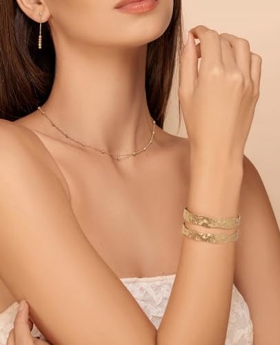 WOWORAMA Matte Gold Hammered Cuff Bracelet for Women Double-Layer Wide Chunky Gold Bangle Bracelets Vintage Boho Statement Gold Bracelet Adjustable Chunky Bracelets - Image 3