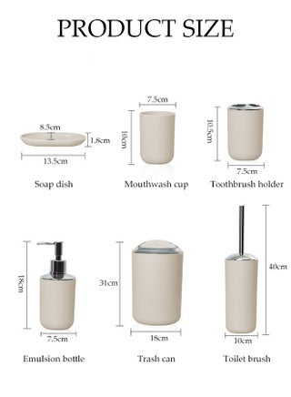 6 Pieces of Bathroom Accessories Set，Plastic Gift Set，Smooth Circular Electroplated Bathroom Set，With Trash Can, Soap Dish, Toilet Brush, Mouthwash Cup, Lotion Bottle, Toothbrush Holder，Off White - view 3