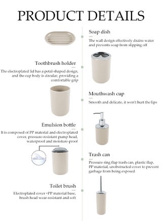 6 Pieces of Bathroom Accessories Set，Plastic Gift Set，Smooth Circular Electroplated Bathroom Set，With Trash Can, Soap Dish, Toilet Brush, Mouthwash Cup, Lotion Bottle, Toothbrush Holder，Off White - view 4