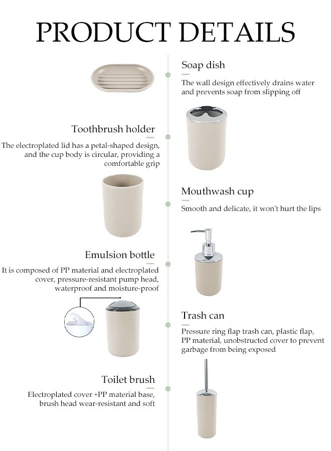 DUNISO 6 Pieces of Bathroom Accessories Set，Plastic Gift Set，Smooth Circular Electroplated Bathroom Set，With Trash Can, Soap Dish, Toilet Brush, Mouthwash Cup, Lotion Bottle, Toothbrush Holder，Off White - Image 4