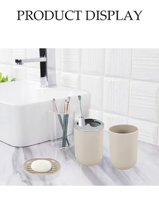 6 Pieces of Bathroom Accessories Set，Plastic Gift Set，Smooth Circular Electroplated Bathroom Set，With Trash Can, Soap Dish, Toilet Brush, Mouthwash Cup, Lotion Bottle, Toothbrush Holder，Off White - view 5