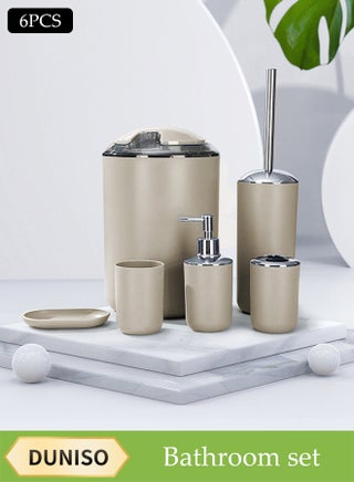 6 Pieces of Bathroom Accessories Set，Plastic Gift Set，Smooth Circular Electroplated Bathroom Set，With Trash Can, Soap Dish, Toilet Brush, Mouthwash Cup, Lotion Bottle, Toothbrush Holder，Off White - view 2