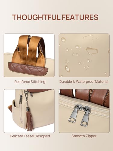 Telena Backpack Purse for Women, PU Leather Anti Theft Travel Backpack Purse Shoulder Bags with Tassel Contrast Creamy White - Image 5