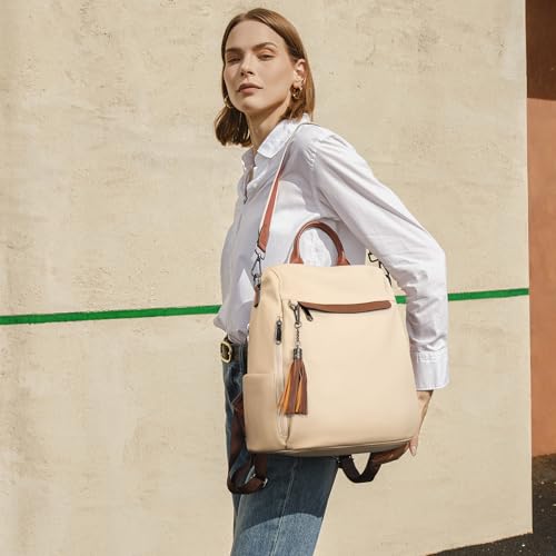 Telena Backpack Purse for Women, PU Leather Anti Theft Travel Backpack Purse Shoulder Bags with Tassel Contrast Creamy White - Image 2