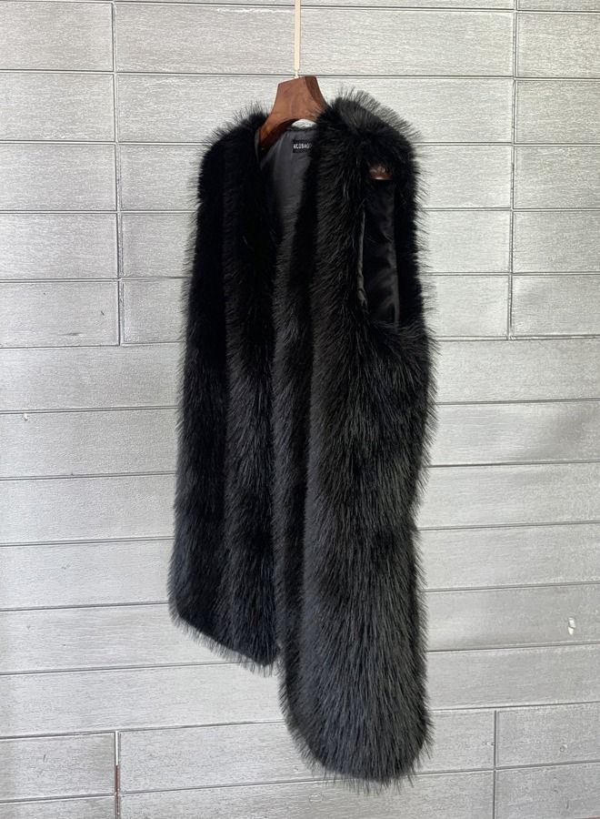 Loquat معطف فرو صناعي ناعم بطول متوسط باللون الأسود - Image 1