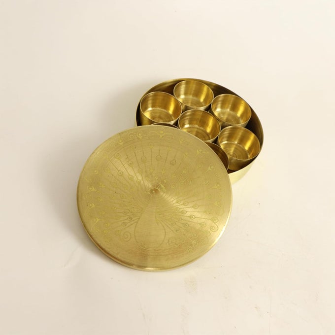 PUTRIKA BRASS MINI SPICE BOX SET FOR KITCHEN WITH SPOONBRASS MASALA BOXMASALA DANI MASALA DABBA SPICE CONTAINER PEACOCK MASALA BOX SIZE 5 MATT FINISH