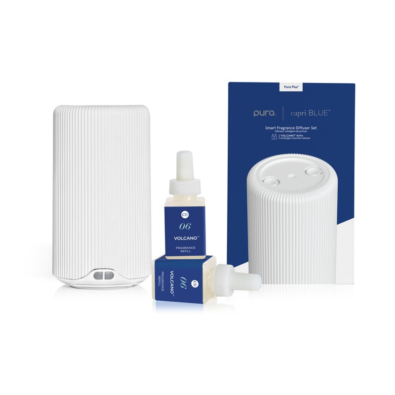 Capri Blue Pura Plus Smart Home Fragrance Diffuser Kit  Includes 1 Tabletop Pura Diffuser and 2 Volcano Pura Refills  Notes of Tropical Fruits  Sugared Citrus
