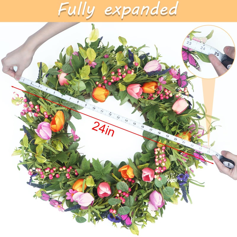 lokeisna 24" Wreaths for Front Door, Wreath with Tulip Wreath, Butterfly, Lavender and Eucalyptus, Vivid Artificial Floral for Wall Window Farmhouse Party Holiday Home DÃ©cor - Image 2