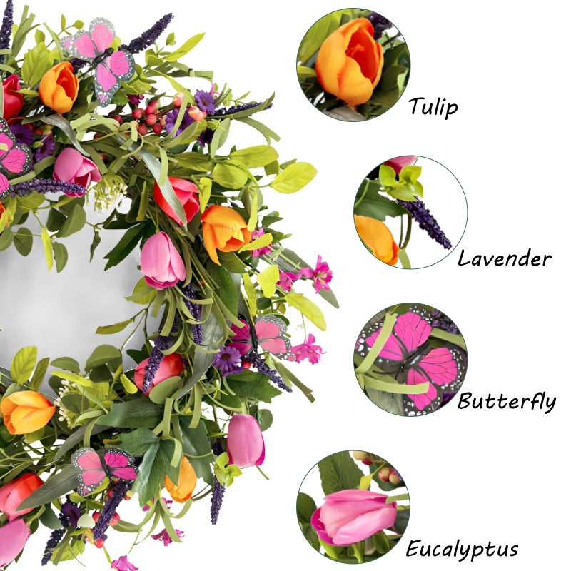 lokeisna 24" Wreaths for Front Door, Wreath with Tulip Wreath, Butterfly, Lavender and Eucalyptus, Vivid Artificial Floral for Wall Window Farmhouse Party Holiday Home DÃ©cor - Image 3