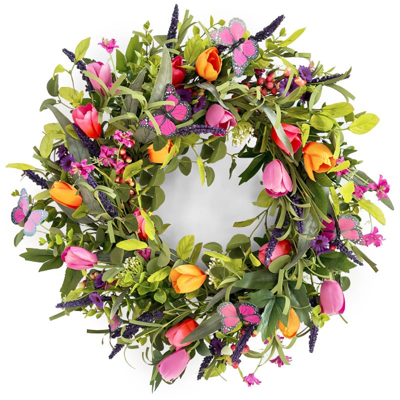 lokeisna 24" Wreaths for Front Door, Wreath with Tulip Wreath, Butterfly, Lavender and Eucalyptus, Vivid Artificial Floral for Wall Window Farmhouse Party Holiday Home DÃ©cor - Image 1