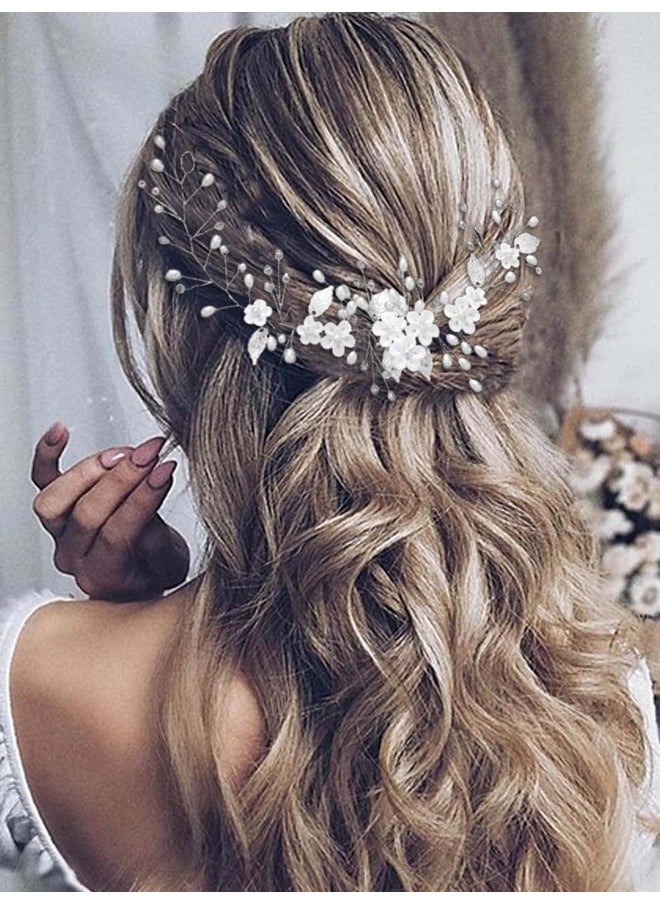 يونيكرا الفضة العروس الزفاف الشعر الكرمة زهرة الزفاف قطعة شعر اللؤلؤ إكسسوارات الشعر ورقة أغطية الرأس مجوهرات للنساء والفتيات (12.5 بوصة) (فضي)  - Image 1