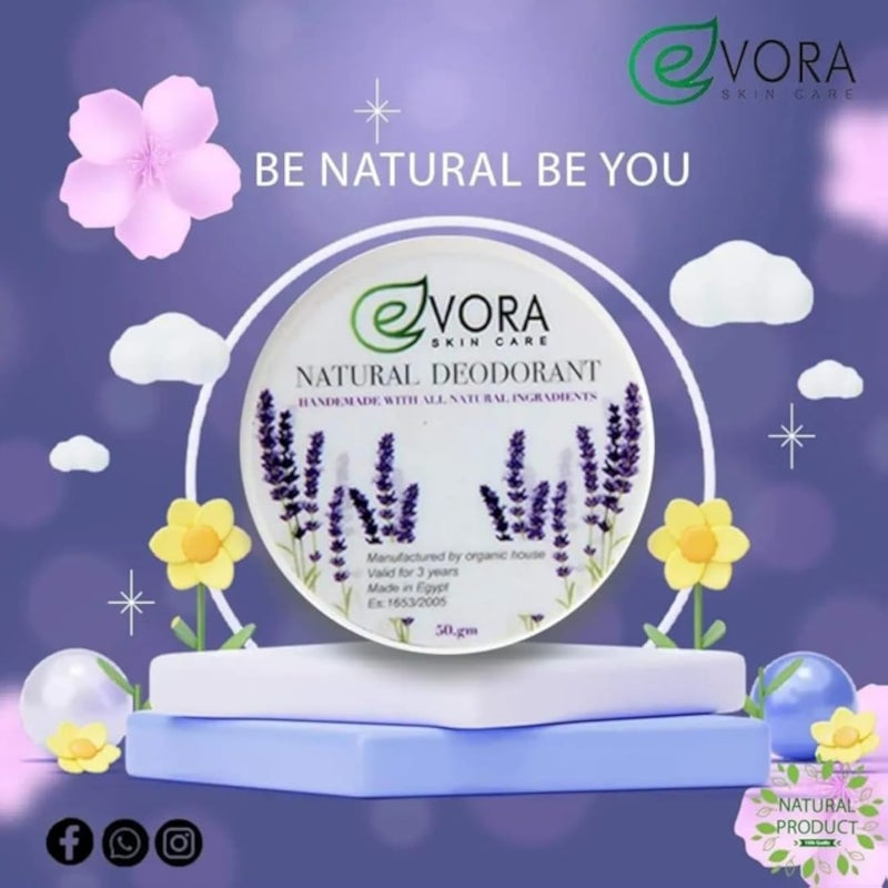 Evora Cosmetics Natural Lavender Deodorant, Long-Lasting Freshness, 50g