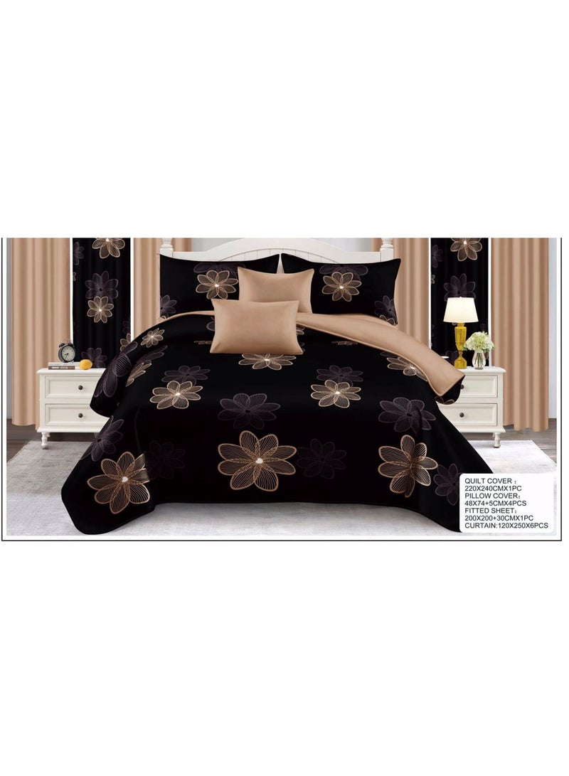 Bed Sheet cover with, Quilt cover 1pc 200x240cm, Pillow cover 4pc 48x74cm,Fitted sheet 1pc 200x200x30cm, curtain 6pc 120x250 colour black with flower printing 