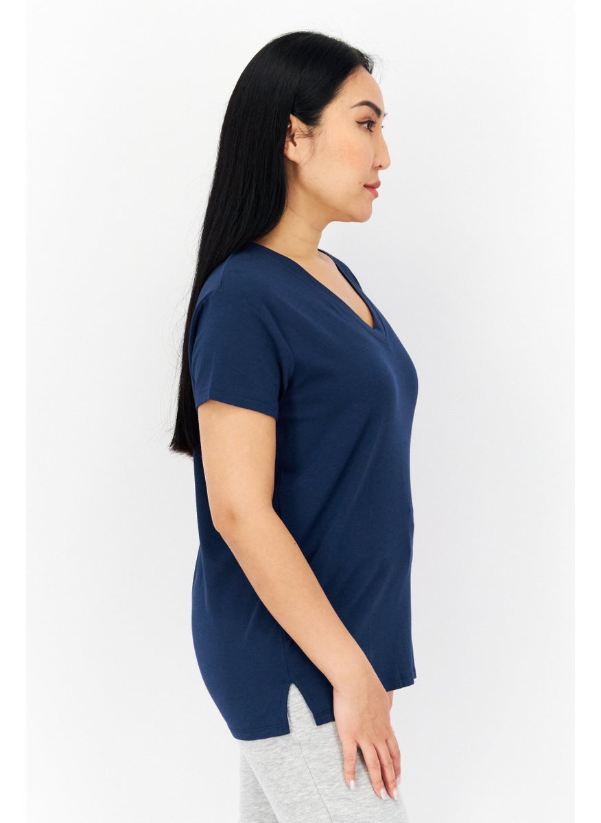 Lark - Women V-Neck Short Sleeve Plain Blouse, Navy - Image 1