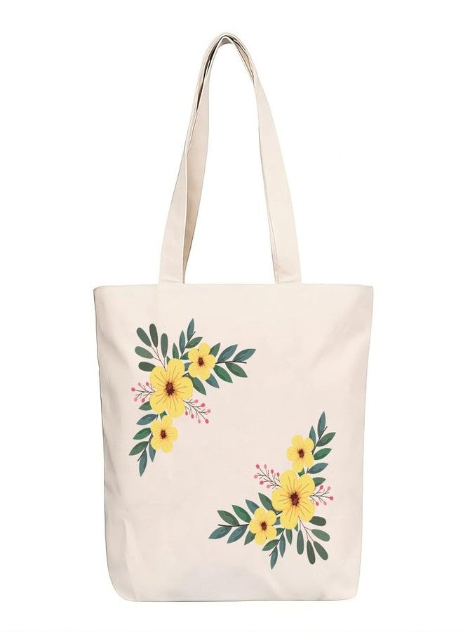 Roundsun Horizontal Canvas Tote Bag With Main Zipper & Inner Pocket With Zipper Size 15Height-14Width-3.5Base Natural Beige/Black Colour Office Collage Shopping Bag (Yellow Flowers) - Image 1