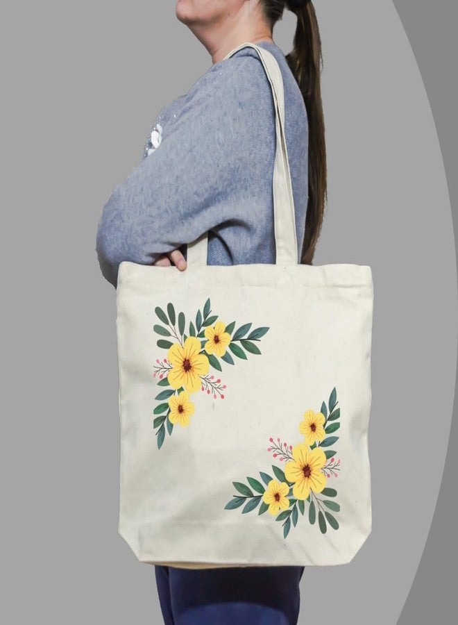 Roundsun Horizontal Canvas Tote Bag With Main Zipper & Inner Pocket With Zipper Size 15Height-14Width-3.5Base Natural Beige/Black Colour Office Collage Shopping Bag (Yellow Flowers) - Image 4