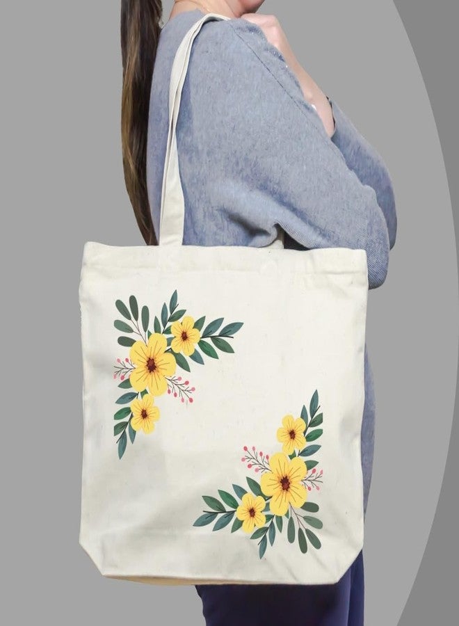 Roundsun Horizontal Canvas Tote Bag With Main Zipper & Inner Pocket With Zipper Size 15Height-14Width-3.5Base Natural Beige/Black Colour Office Collage Shopping Bag (Yellow Flowers) - Image 2