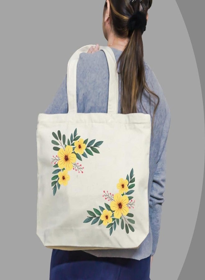 Roundsun Horizontal Canvas Tote Bag With Main Zipper & Inner Pocket With Zipper Size 15Height-14Width-3.5Base Natural Beige/Black Colour Office Collage Shopping Bag (Yellow Flowers) - Image 3