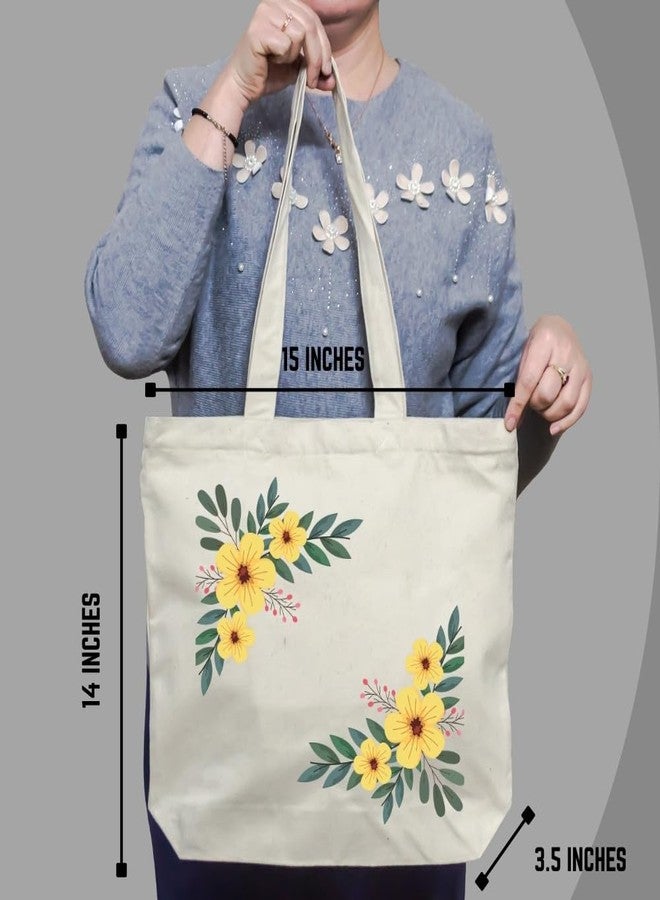 Roundsun Horizontal Canvas Tote Bag With Main Zipper & Inner Pocket With Zipper Size 15Height-14Width-3.5Base Natural Beige/Black Colour Office Collage Shopping Bag (Yellow Flowers) - Image 5