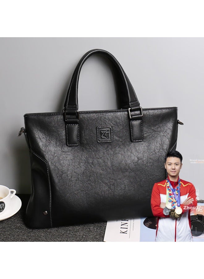 Cow Men's Business Briefcase, Large Capacity Handbag, Fashionable Casual Doent Bag, C-8881, Black, 14 Inches - Image 1