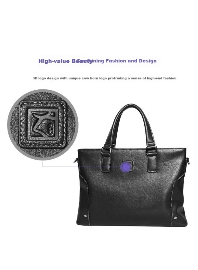 Cow Men's Business Briefcase, Large Capacity Handbag, Fashionable Casual Doent Bag, C-8881, Black, 14 Inches - Image 5